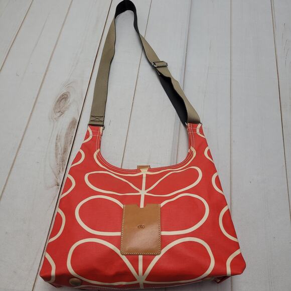 Etc Orla Kiely giant linear stem laminated cotton red orange crossbody bag purse - Picture 2 of 10